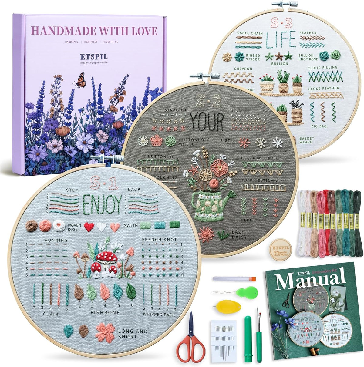 ETSPIL Embroidery Kit for Adult Beginners, 3-Pack 33-Stitch Practice Samplers, Pre-Stamped Patterns, 7.8-Inch Hoop, Threads & Needles, Step-by-Step