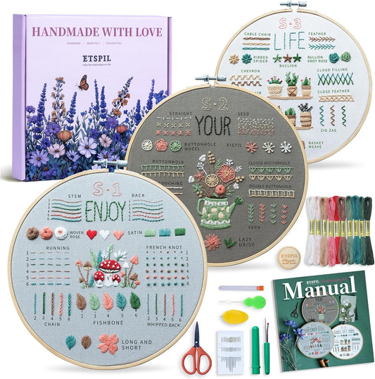 ETSPIL Embroidery Kit for Adult Beginners, 3-Pack 33-Stitch Practice Samplers, Pre-Stamped Patterns, 7.8-Inch Hoop, Threads & Needles, Step-by-Step