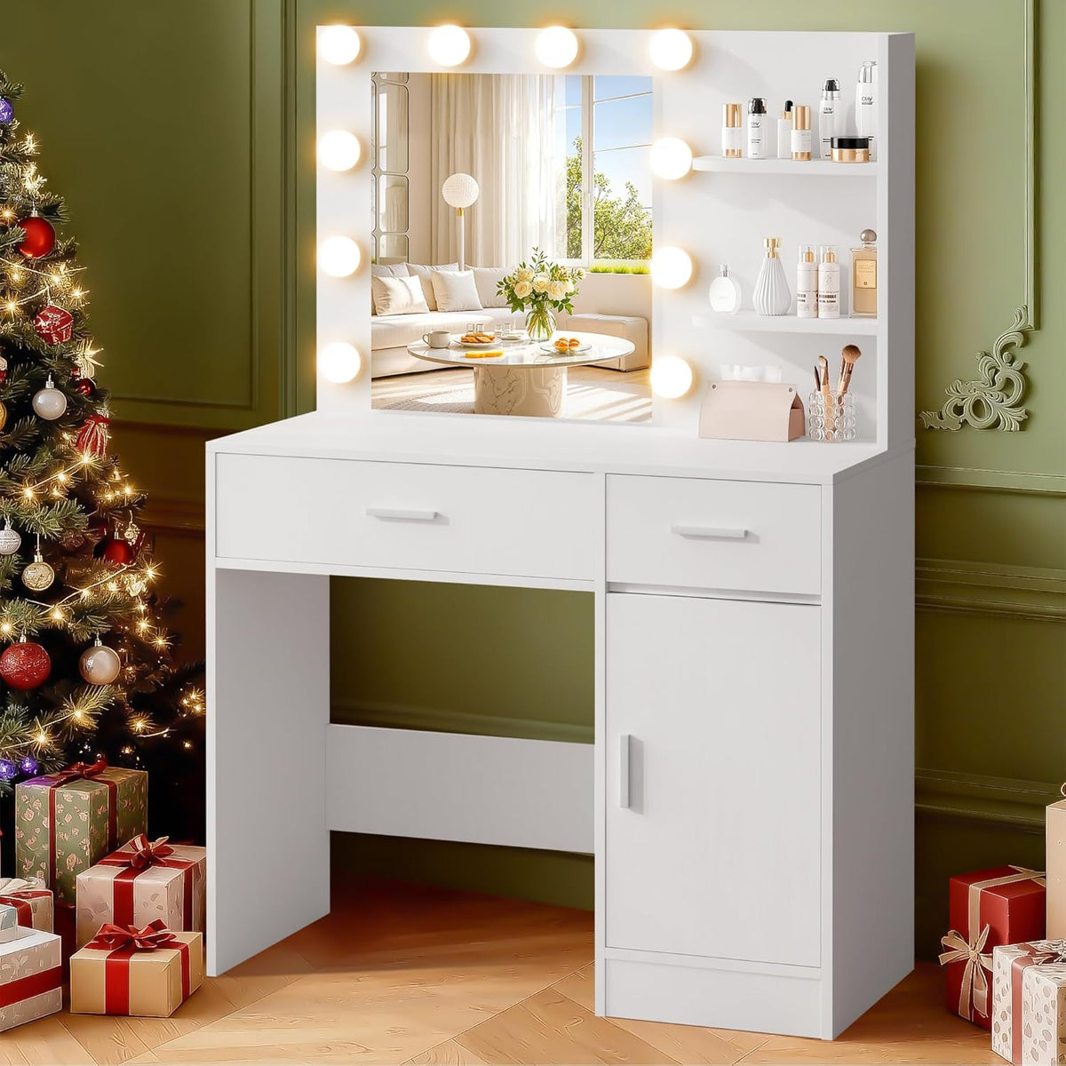 Lighted Makeup Vanity Desk, 35.4“W x 15.7'”D x 54“H, White (with Lights and Mirror, Dimming Function, 2 Drawers and 1 Cabiniet, Open Shelves) by