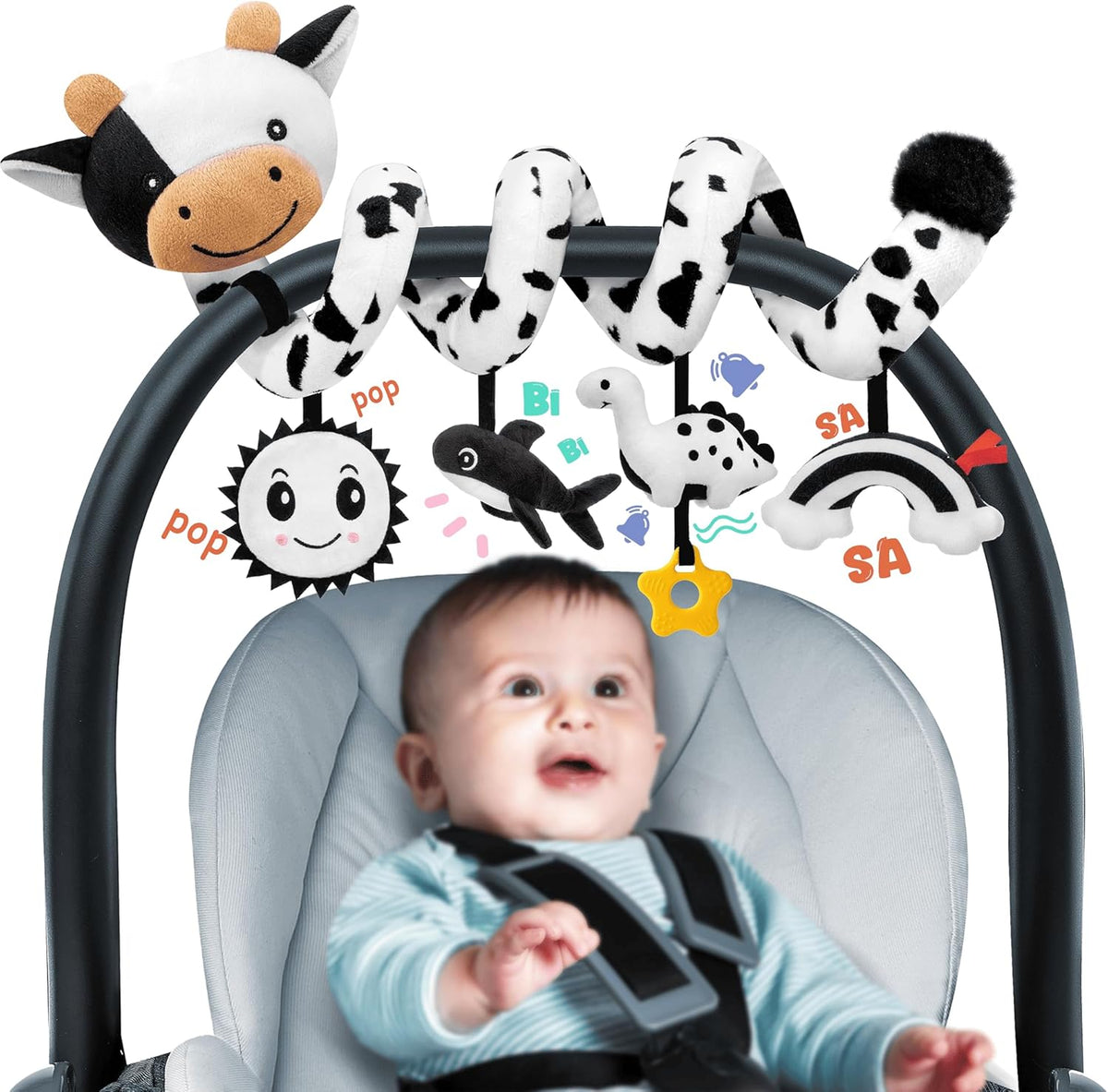 Spiral Car Seat Baby Toys 0-6 Months, Infant Carseat High Contrast Sensory Toys Hanging Stroller Accessories, Newborn Shower Gifts for Baby Boys