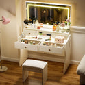 COMHOMA Makeup Vanity Desk with Mirror and Lights, Vanity Table and Chair Set with 5 Drawers and Charging Station, Bedroom Dresser LED Mirror