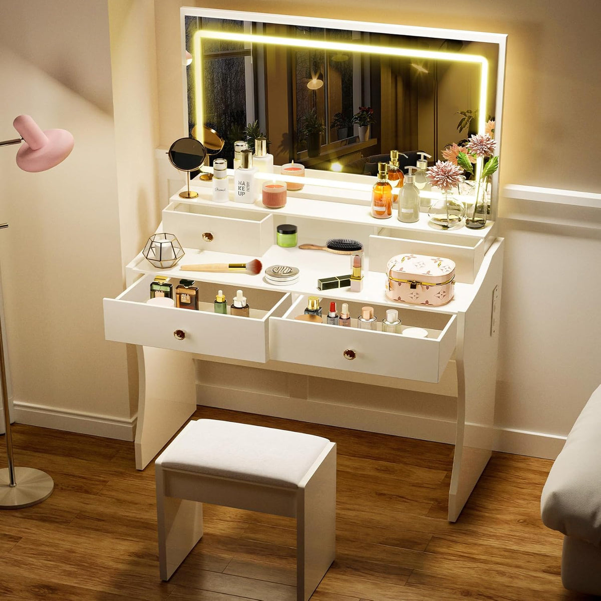 COMHOMA Makeup Vanity Desk with Mirror and Lights, Vanity Table and Chair Set with 5 Drawers and Charging Station, Bedroom Dresser LED Mirror