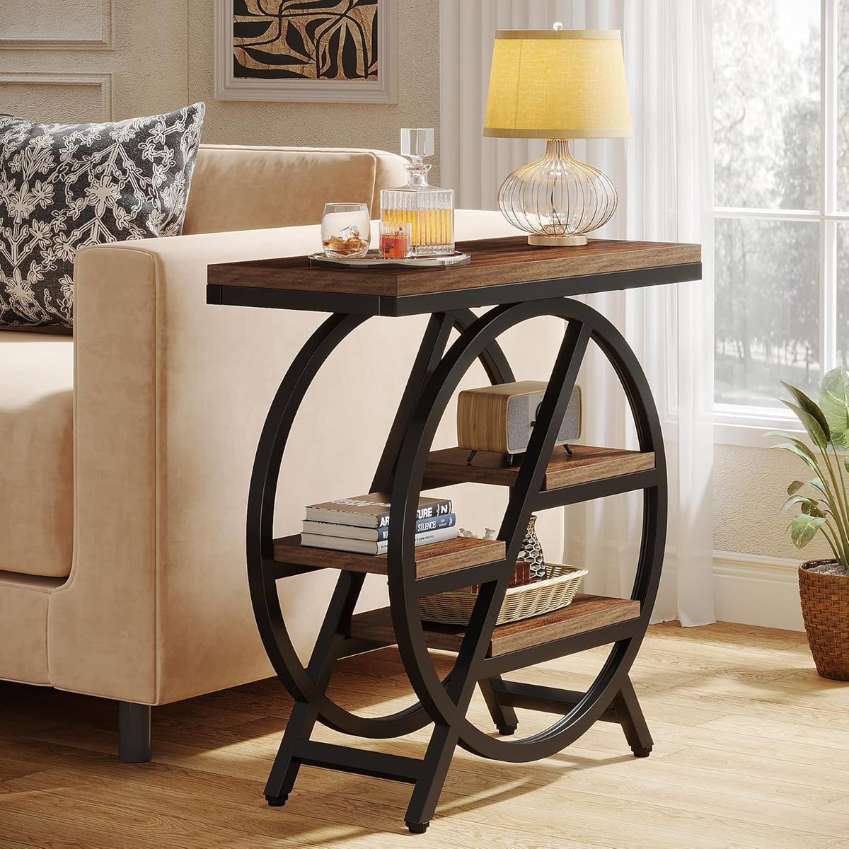 Tribesigns End Table for Living Room, 3-Tier Narrow Side Table with Storage, Wood Sofa Side Table with Geometric Metal Frame, Industrial Nightstand