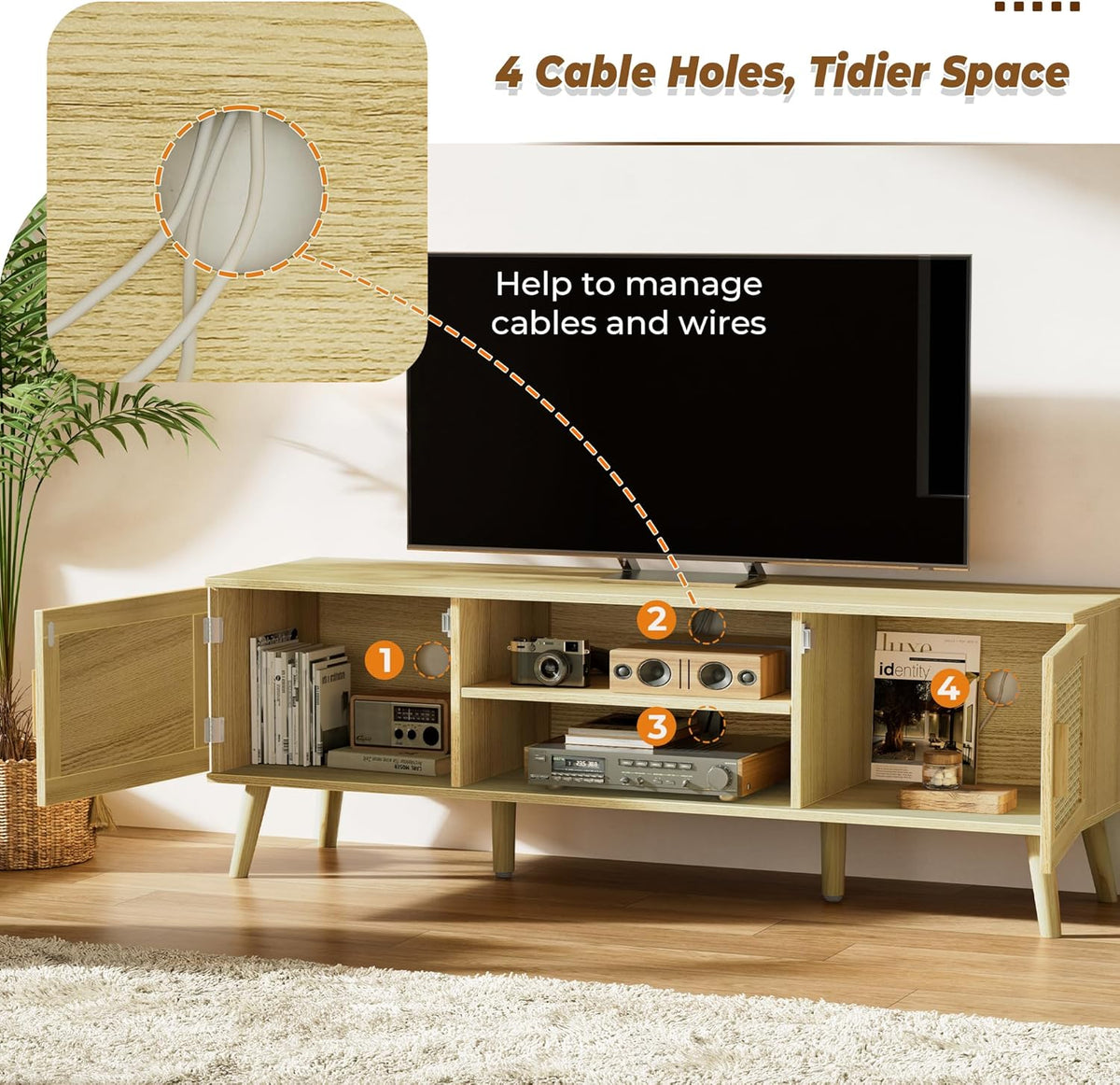 SUPERJARE Boho TV Stand for 65 Inch TV, Entertainment Center with Adjustable Shelf, Rattan TV Console with 2 Cabinets, Media Console, Solid Wood