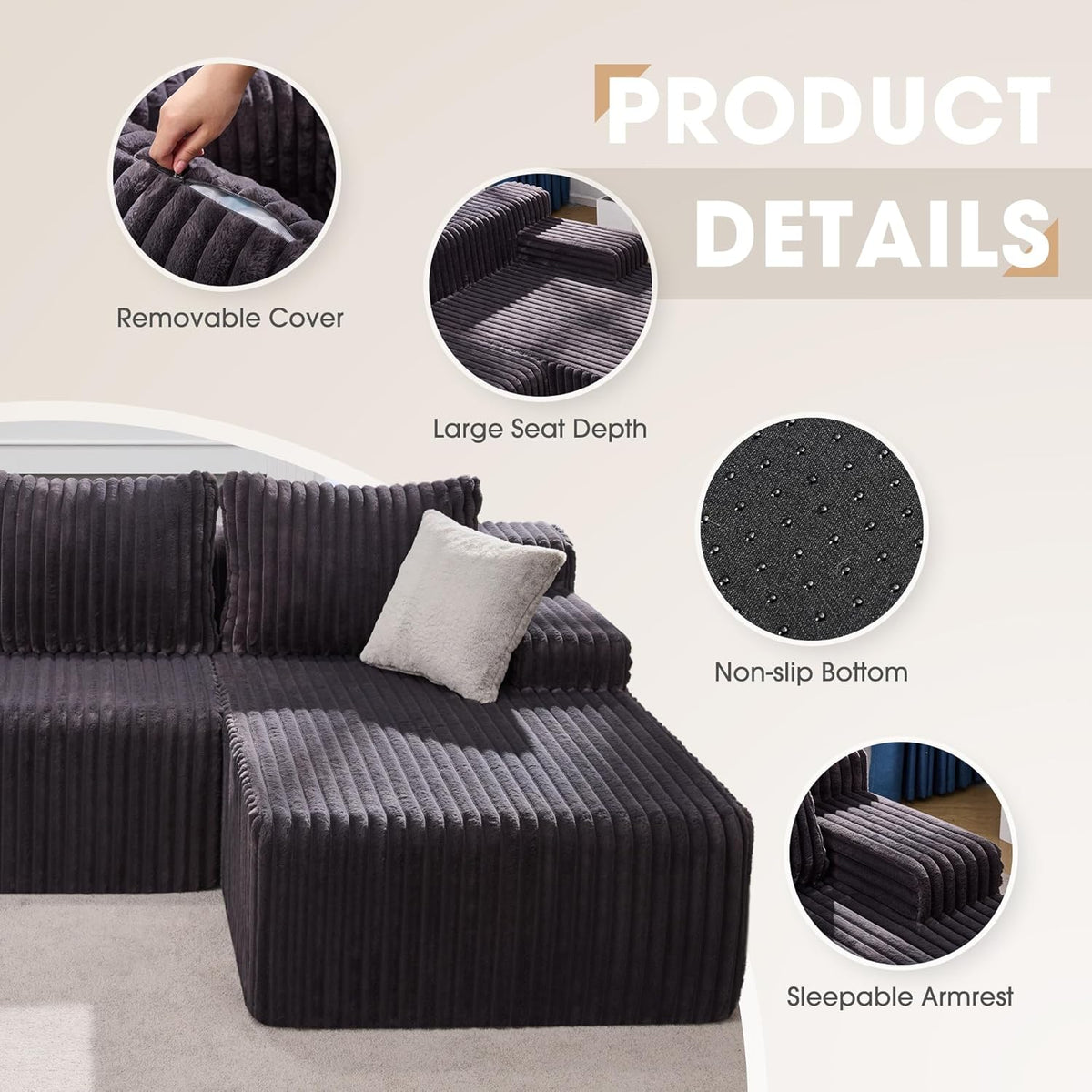 Hobestluk 96” Modular Sectional Sofa Couches L-Shape Couch 3 Seat Modular Sofa Memory Foam Sectional Couches for Living Room, Cloud Couch with