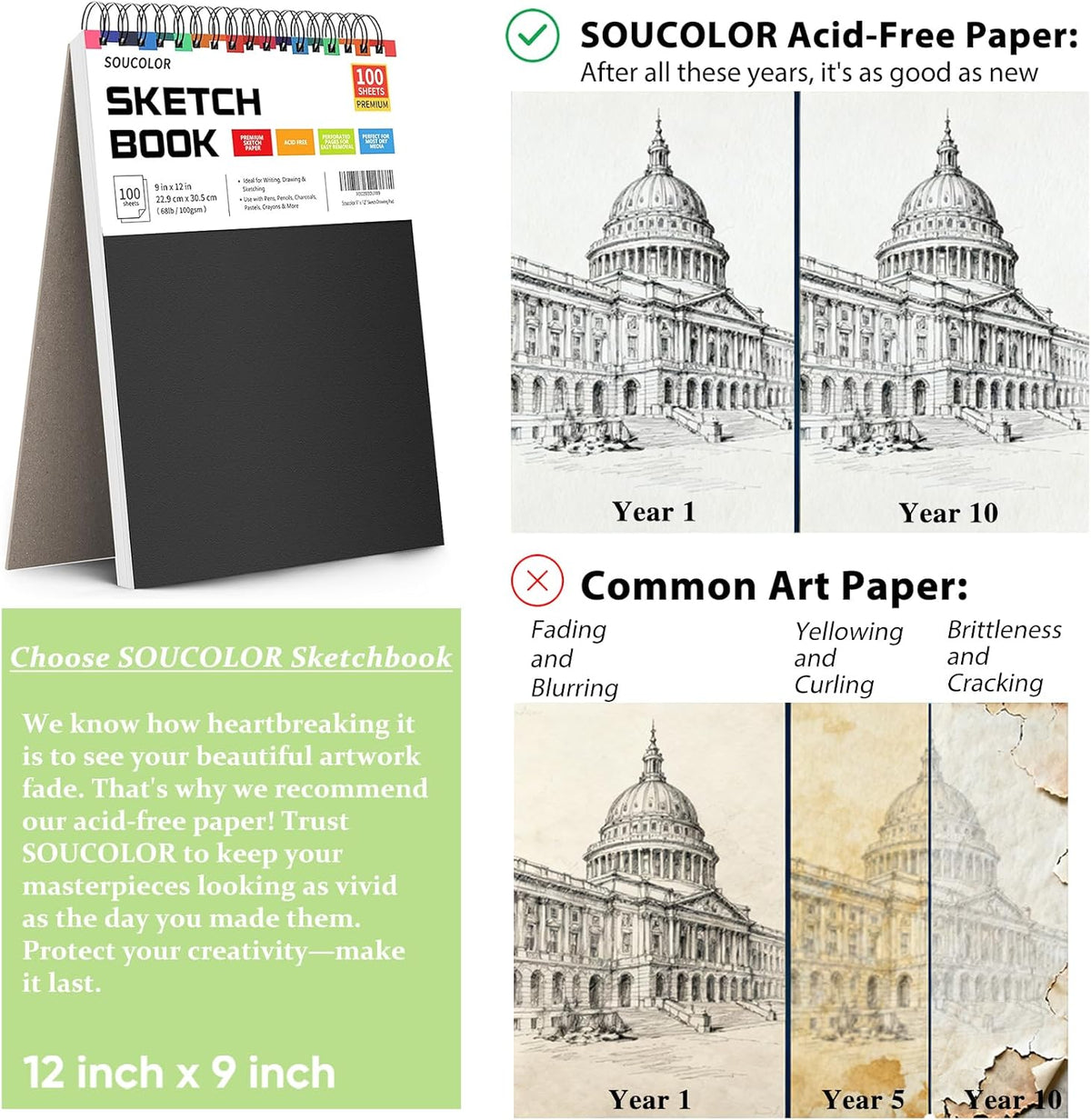 Soucolor Sketch Book, Spiral Bound Acid-Free Sketchbook with 68lb/100gsm for Paper Painting, Drawing, Writing, Artist Sketching Pad for Kids, Adults