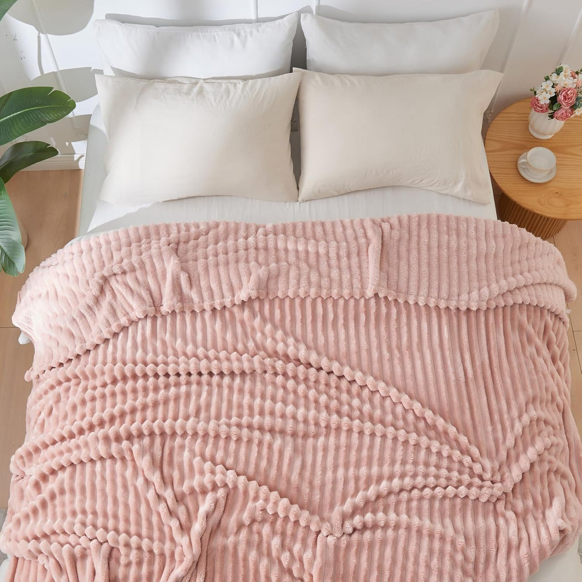 NEWCOSPLAY Super Soft Throw Blanket Pink Premium Silky Flannel Fleece 3D Ribbed Jacquard Lightweight Bed Blanket All Season Use