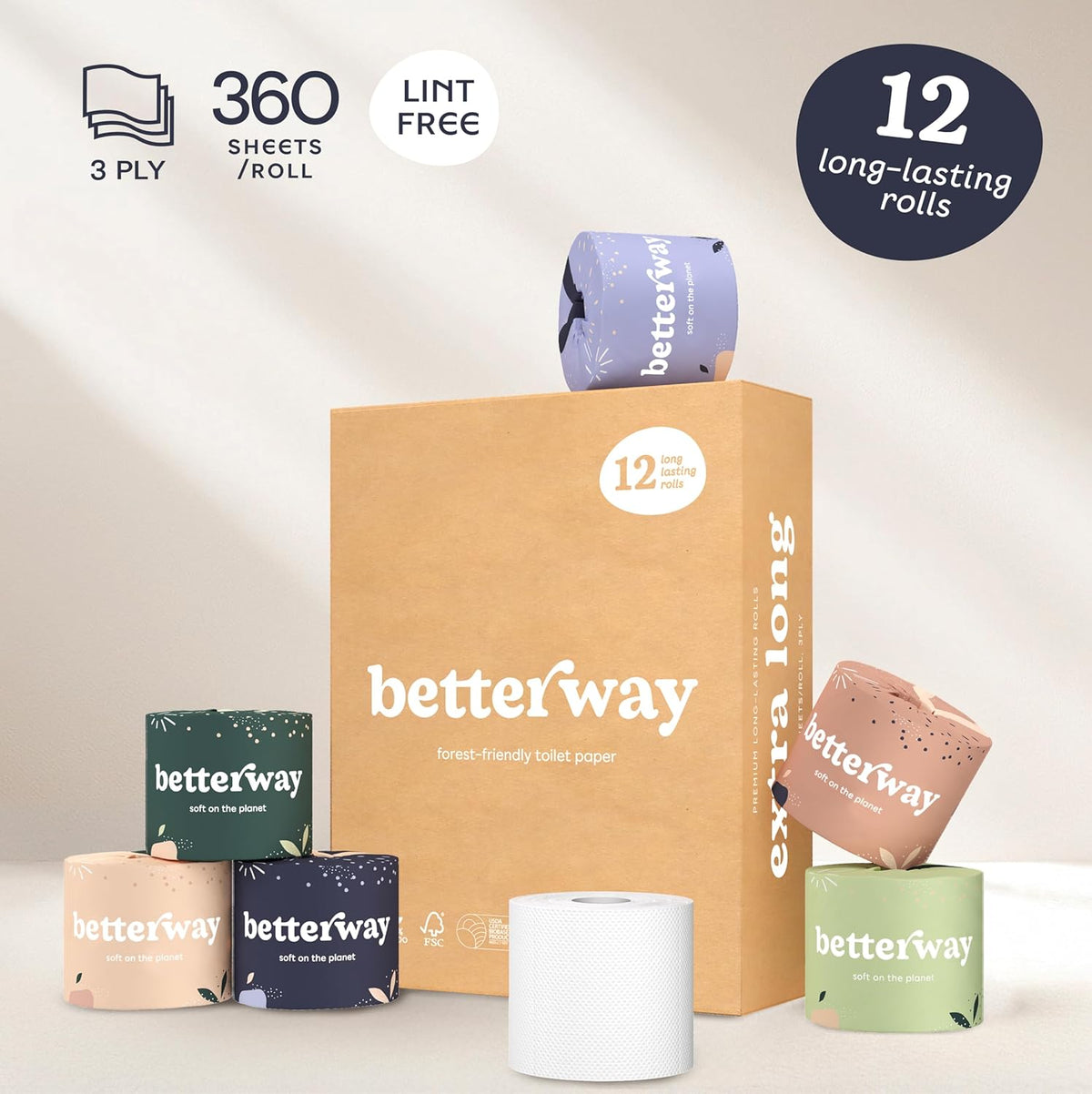 Betterway Bamboo Toilet Paper 3 Ply - Sustainable Toilet Tissue - 12 Double Rolls & 360 Sheets Per Roll - Septic Safe - Organic, Plastic Free - FSC
