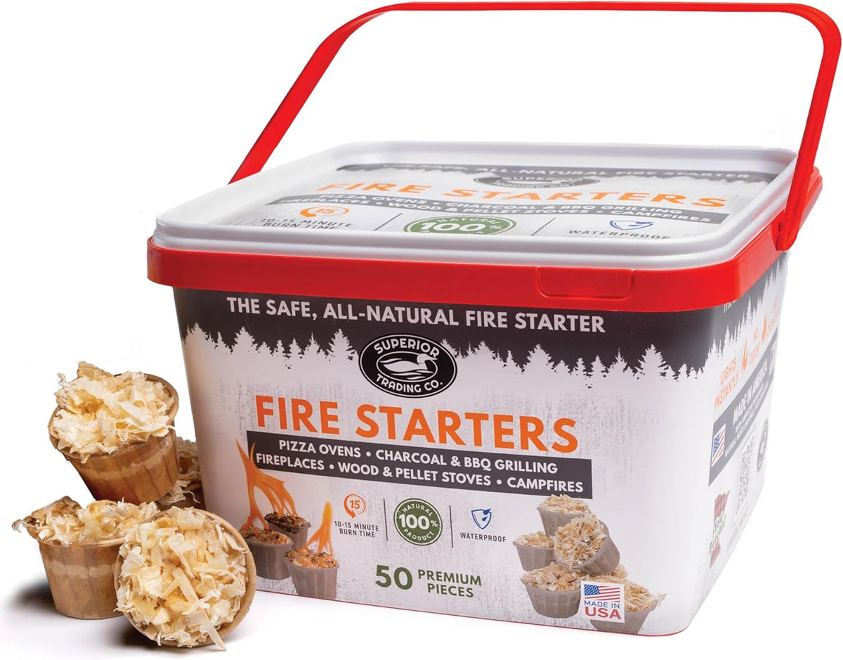 Superior Trading Fire Starter Pods in Plastic Bucket - Fire Starters for Campfires, BBQ, Grill, Pit, Wood Stove & Charcoal Starter, 15-20-Min Burn