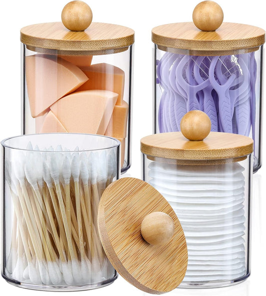 4 Pack Qtip Holder Dispenser with Bamboo Lids - 10 oz Clear Plastic Apothecary Jar Containers for Vanity Makeup Organizer Storage - Bathroom