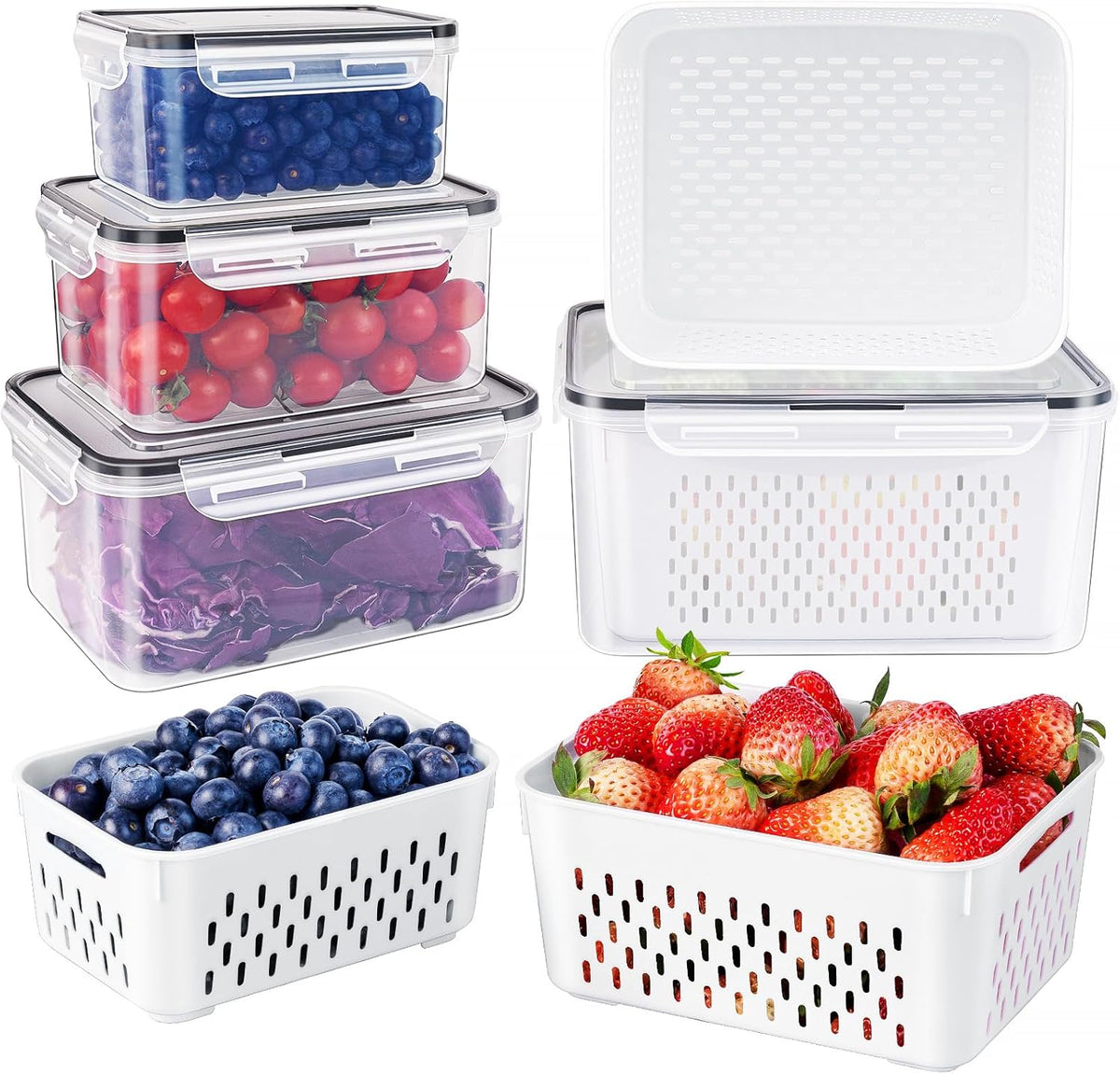 Freshmage Fruit Storage Containers for Fridge with Removable Colander, Airtight Food Storage Container, Dishwasher Safe Produce Saver for
