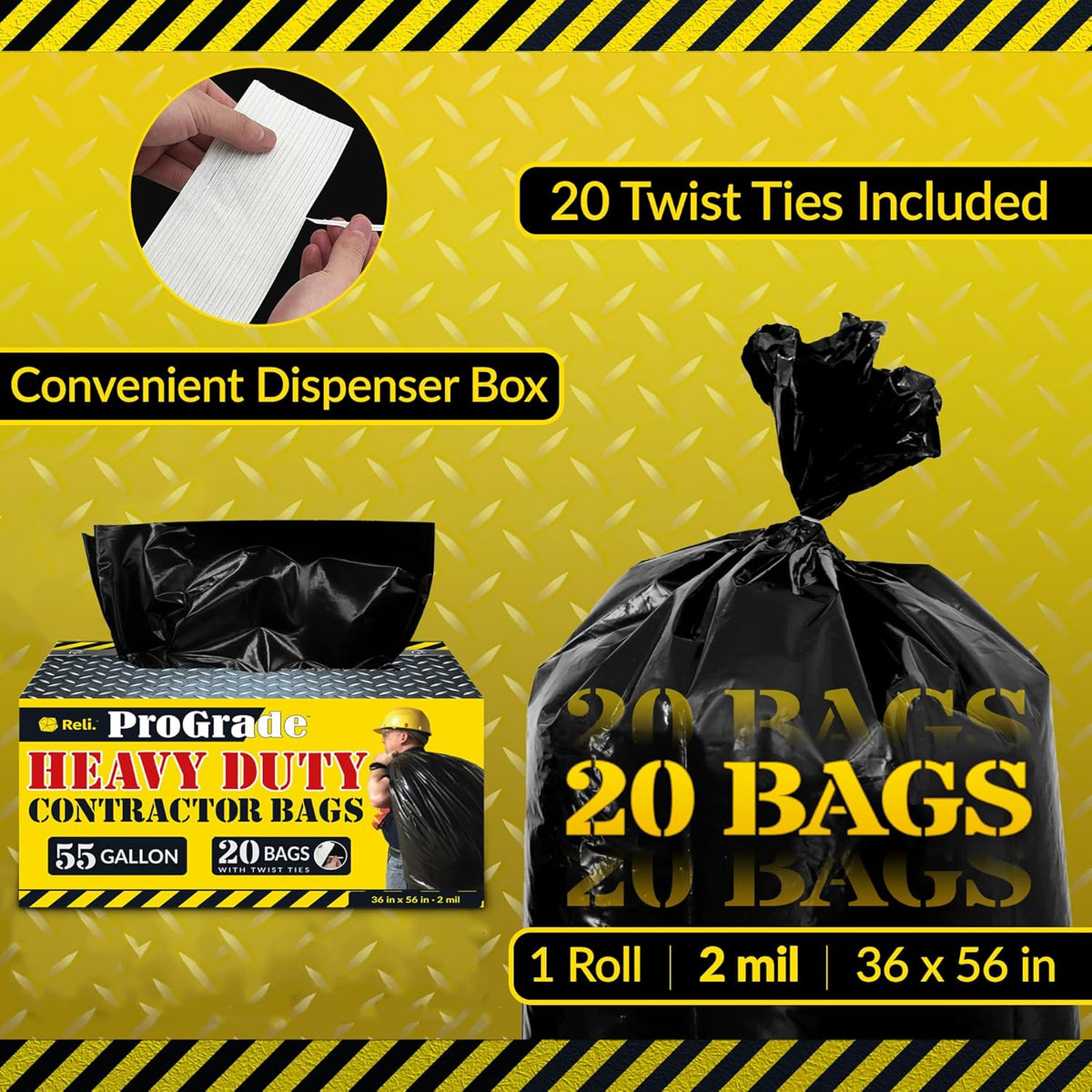 Reli. Contractor Garbage Bags 55 Gallon | 20 Trash Bags | Heavy Duty | Black Contractor