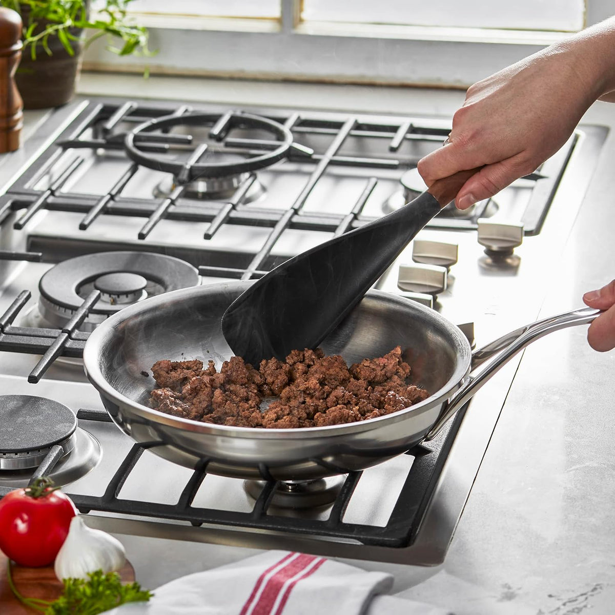 STAUB Multifunction Spatula Spoon, Great for Both Cooking and Serving Durable BPA-Free Matte Black Silicone, Acacia Wood Handles, Safe for Nonstick