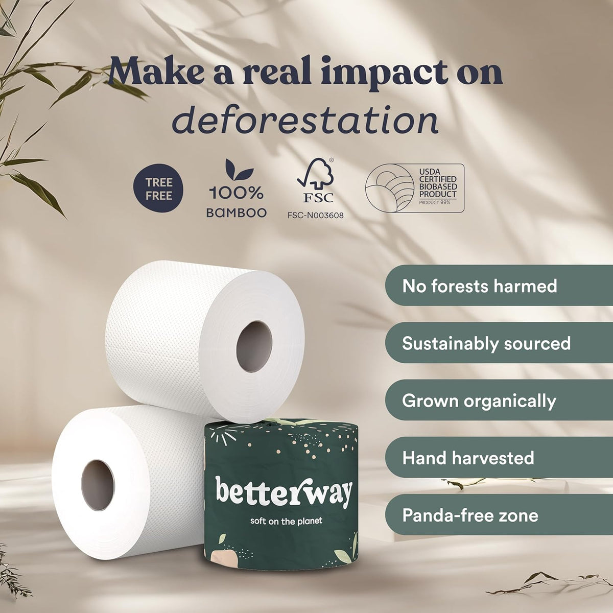 Betterway Bamboo Toilet Paper 3 Ply - Sustainable Toilet Tissue - 12 Double Rolls & 360 Sheets Per Roll - Septic Safe - Organic, Plastic Free - FSC