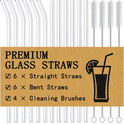Piteno® 16-Pack Reusable Glass Straws Set, Clear Glass Drinking Straws, 8.5''x10MM, Set of 6 Straight and 6 Bent with 4 Cleaning Brushes, Perfect for