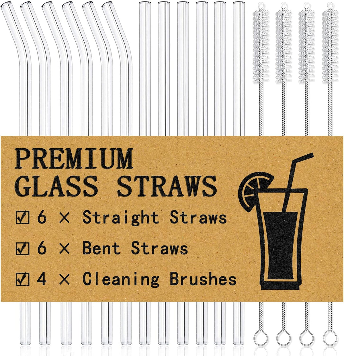 Piteno® 16-Pack Reusable Glass Straws Set, Clear Glass Drinking Straws, 8.5''x10MM, Set of 6 Straight and 6 Bent with 4 Cleaning Brushes, Perfect for