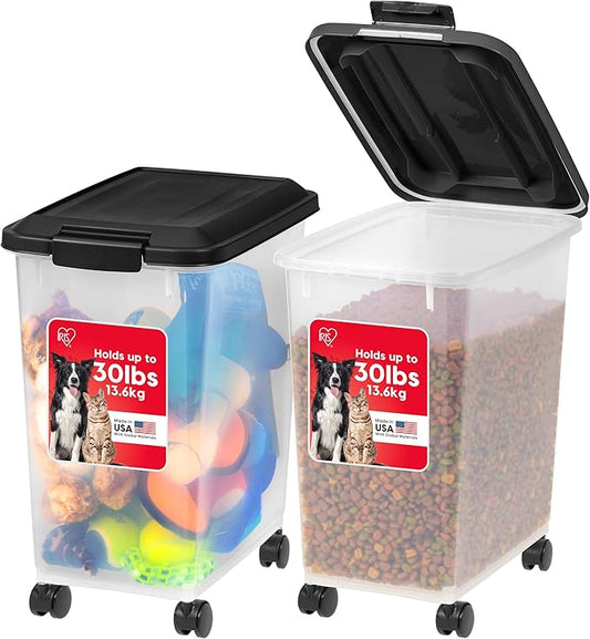IRIS USA Dog Food Storage Container, 2 Pack, Up to 30 lbs Each, Airtight Seal for Freshness, Wheels for Rolling, Easy One Hand Opening, Made in USA