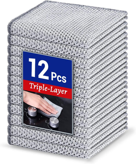 12 PCS 3-Layer Non-Scratch Multipurpose Steel Wire Dishcloths - Reusable Quick-Dry Odor-Free Scrub Cloths for Dishes, Kitchen Cleaning Cloths for