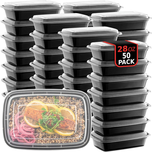 50-Pack Reusable Meal Prep Containers Microwave Safe Food Storage Containers with Lids, 28 oz - 1 Compartment Take Out Disposable Plastic Bento Lunch