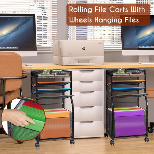 5-Tier Rolling File Cart with Hanging File Folders, Mobile Desk File Organizer on Lockable Wheels, Wood & Mesh Paper Letter Sliding Trays
