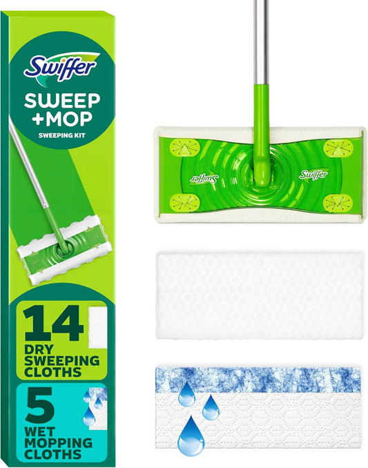 Swiffer Sweeper 2-in-1 Dry + Wet Floor Mopping and Sweeping Kit, Multi-Surface Kit for Floor Cleaning, Kit Includes 1 Sweeper, 14 Dry Sweeping
