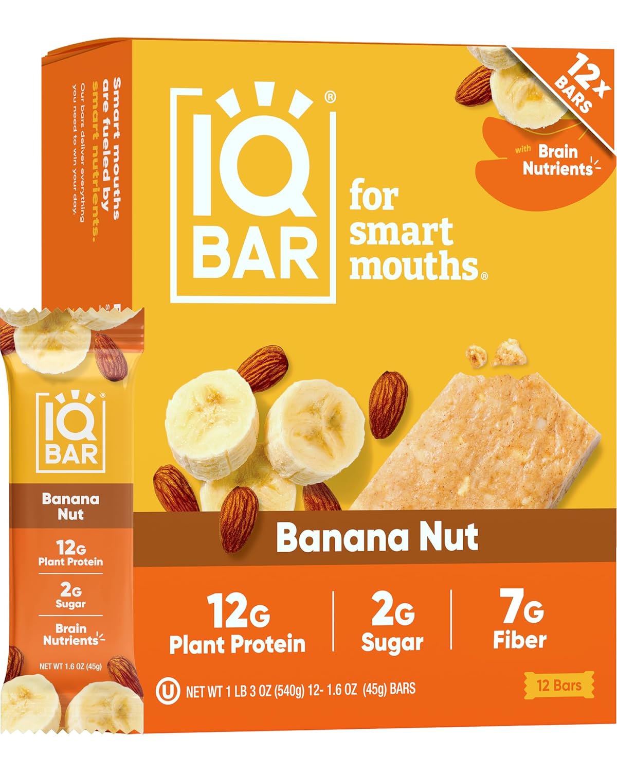IQBAR Clean Plant Protein Bars - Banana Nut - 12 Count - Keto, Vegan, High Fiber, Gluten and Dairy Free, Low Sugar Snack - Brain and Body Nutrients