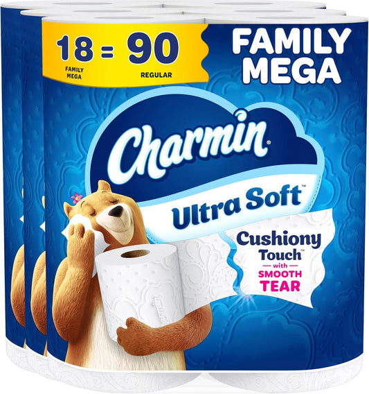 Charmin Ultra Soft Cushiony Touch Toilet Paper, 18 Family Mega Rolls = 90 Regular Rolls