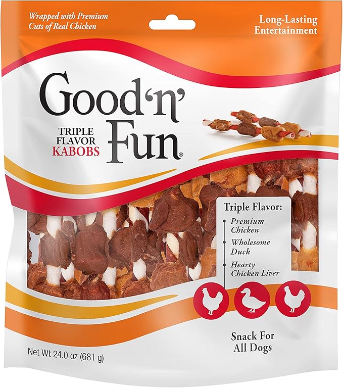 Good ‘n’ Fun Triple Flavor Kabobs Chews for All Dogs, 24 Ounces, Treat Your Dog to Chews Made from Beef Hide, Real Chicken, Pork Hide, Duck and