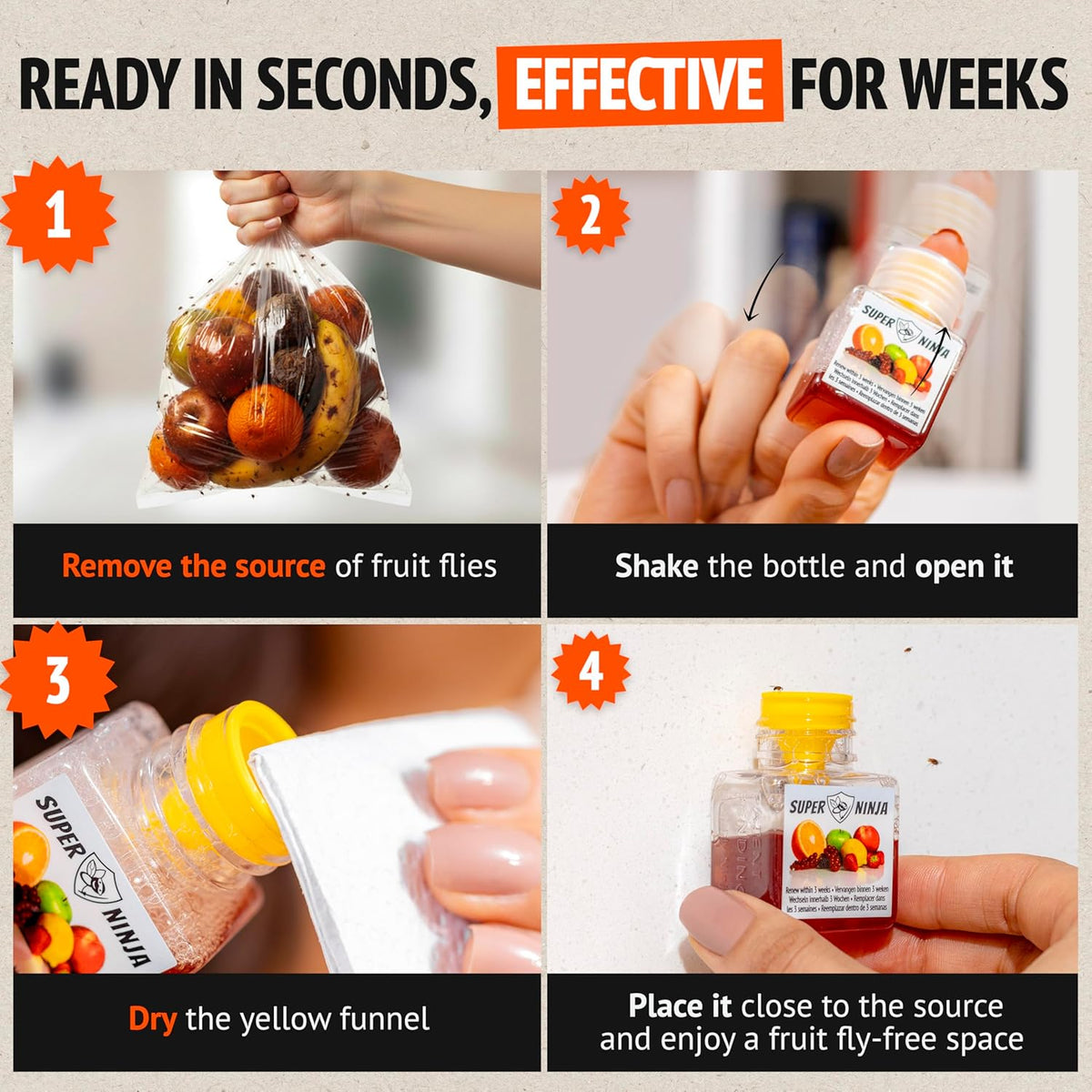 Super Ninja Fruit Fly Traps for Indoors - 4 Pack, Highly Effective Fruit Fly Catcher for Indoor Use for Home & Kitchen, Up to 3 Weeks of Performance