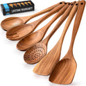 Zulay Kitchen 6-Piece Wooden Spoons for Cooking - Smooth Finish Teak Wood Utensils - Soft Comfort-Grip Cooking Wood Spoons Non-Stick Teak
