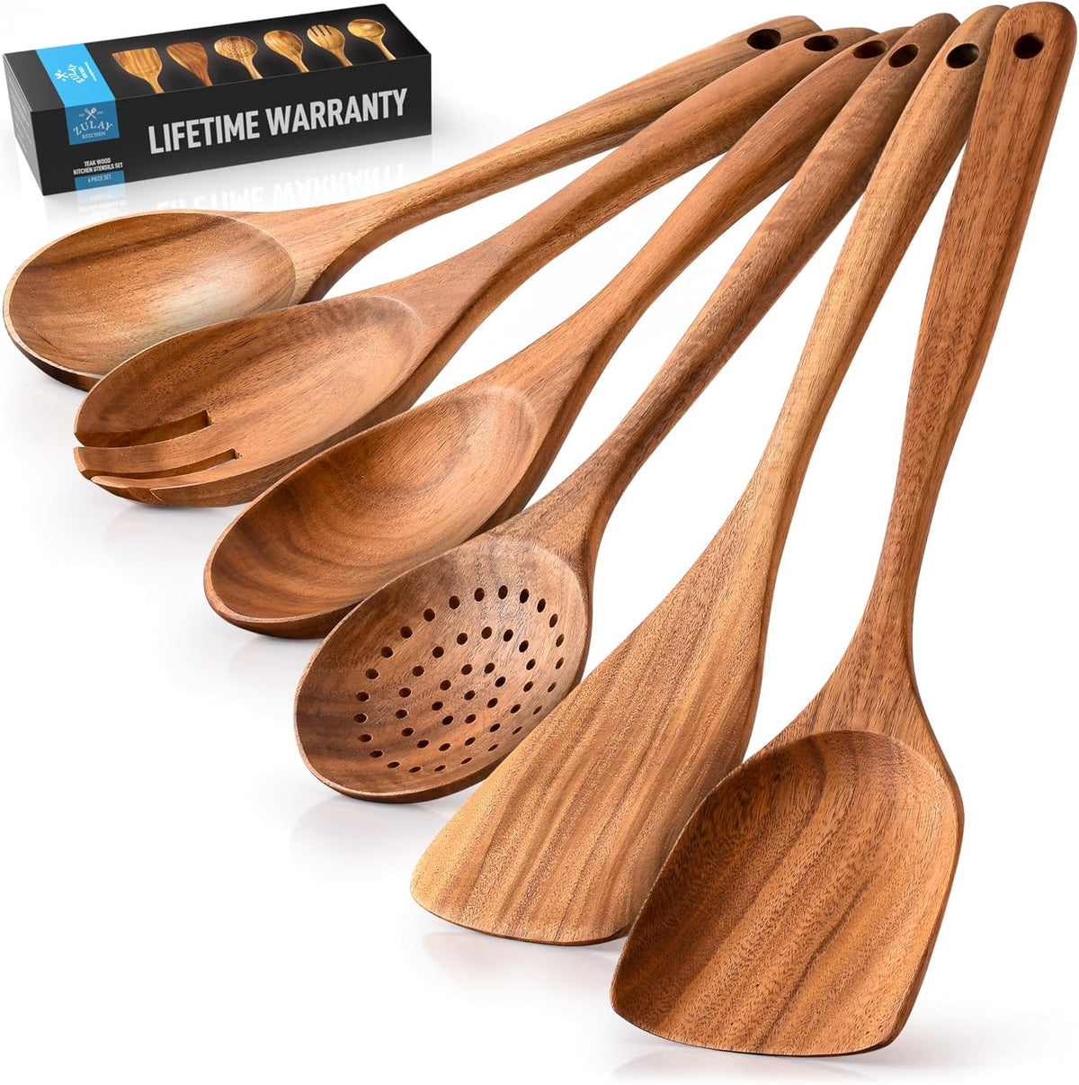 Zulay Kitchen 6-Piece Wooden Spoons for Cooking - Smooth Finish Teak Wood Utensils - Soft Comfort-Grip Cooking Wood Spoons Non-Stick Teak