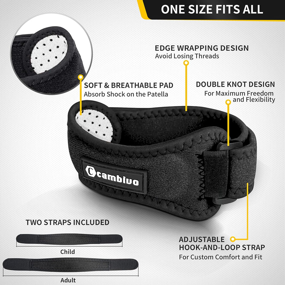 CAMBIVO 2 Pack Knee Braces for Women and Men, Patella Knee Support Strap, Basketball, Running, Hiking, Volleyball, Tennis, Squats
