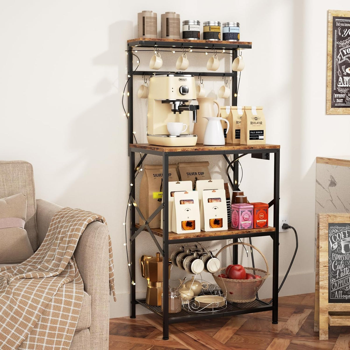Kitchen Bakers Rack with Power Outlet, Small Coffee Bar Cart 4 Tiers, Microwave Stand Station with 8 S Hooks, Adjustable Shelf, Freestanding Kitchen