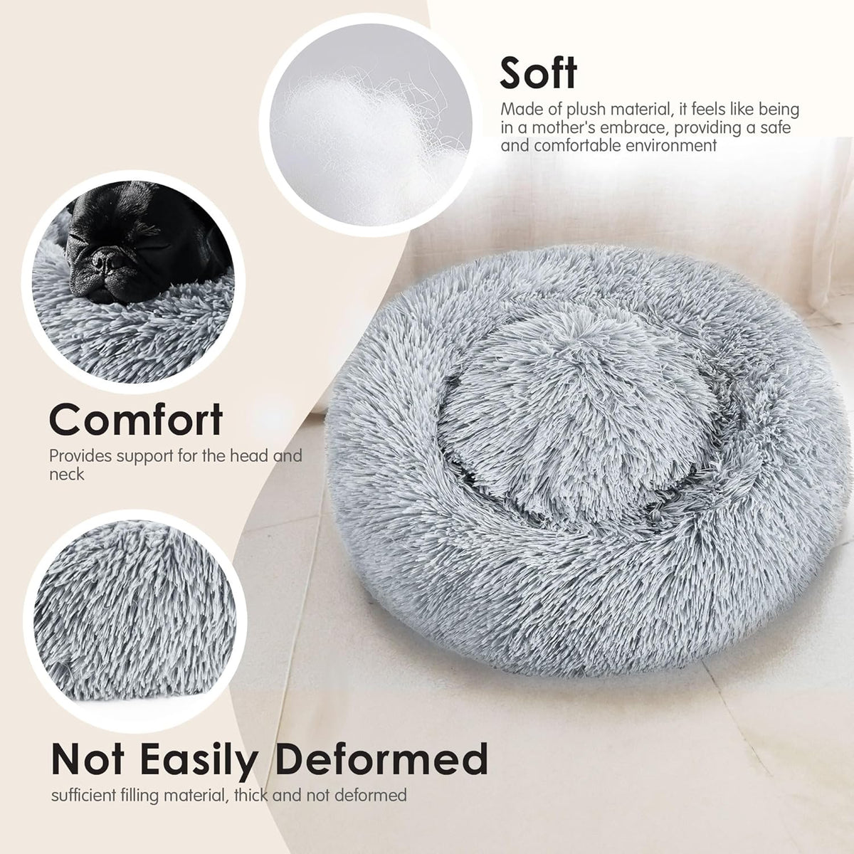 Hoewina Dog & Cat Bed for Indoor Cats, 20in Calming Donut Bed for Puppy and Kitten, Washable Round Fluffy Pet Bed for Small Medium Dogs and Cats