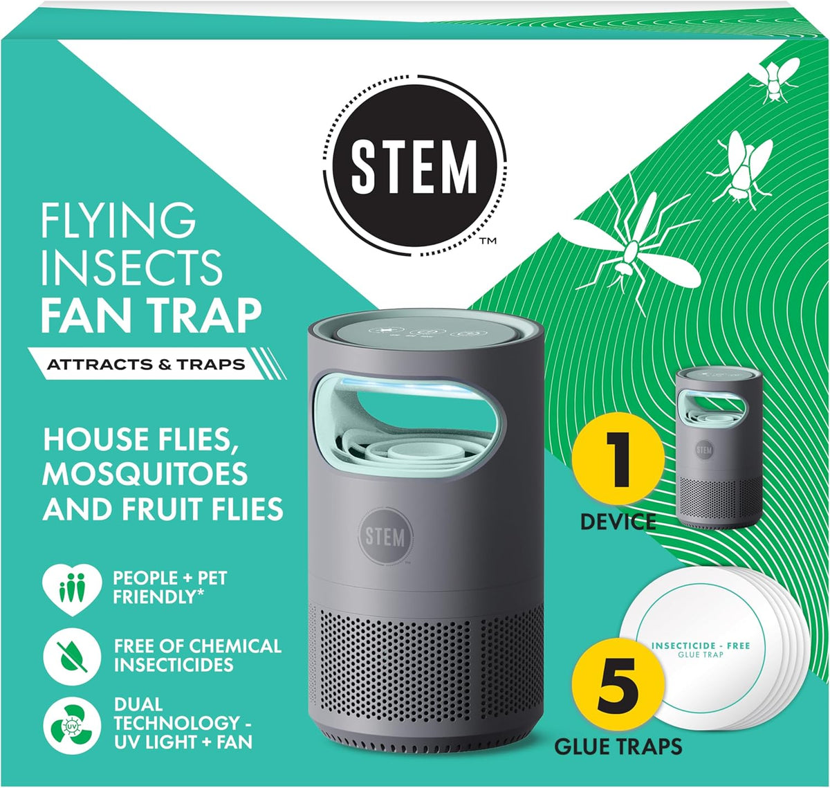 STEM Flying Insect Fan Trap for Indoor Bug Control, Attracts Mosquitoes, Fruit Flies, and House Flies, Plug-in Fan with UV Light, Starter Kit