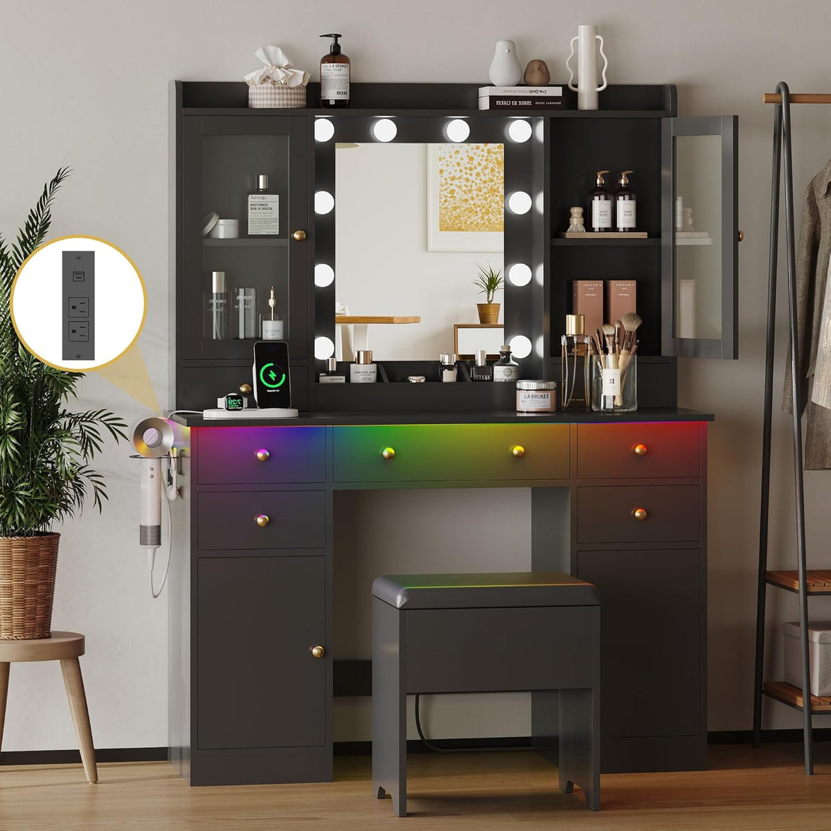 Makeup Vanity Desk with Mirror and Lights, Black Vanity Table Set with Storage Drawers, Charging Station, Cabinets & Chair, Large Dressing Table with