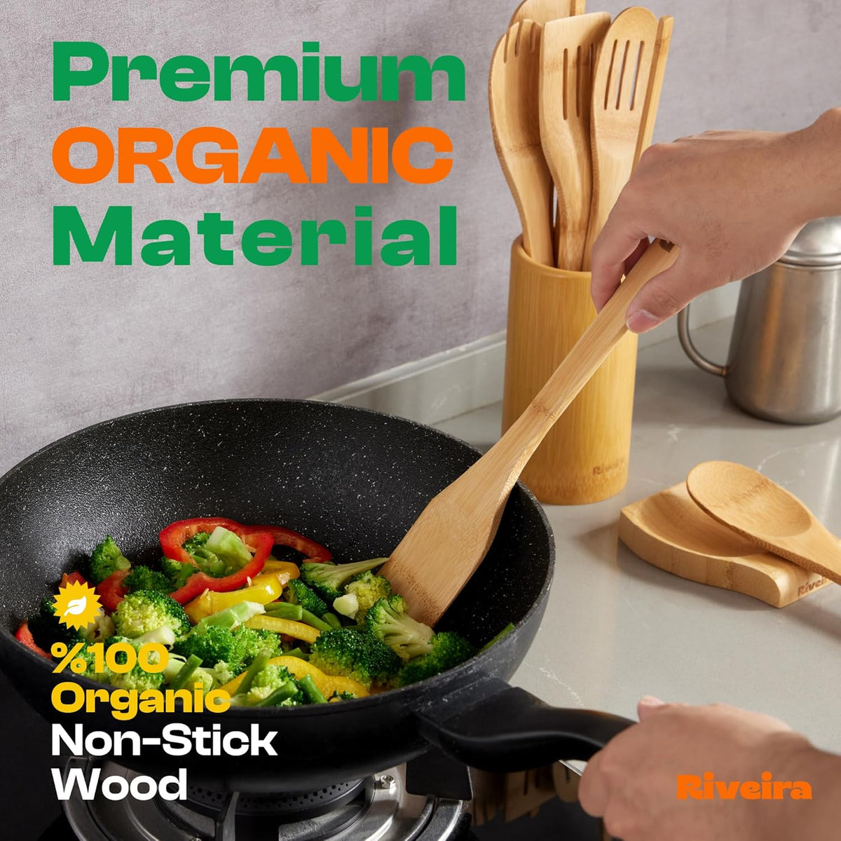 Riveira Bamboo Cooking Spoons 6-Piece – Wooden Cooking Utensils Set with Wooden Spoons for Cooking & Spatulas Wooden Utensil Sets – Premium Kitchen