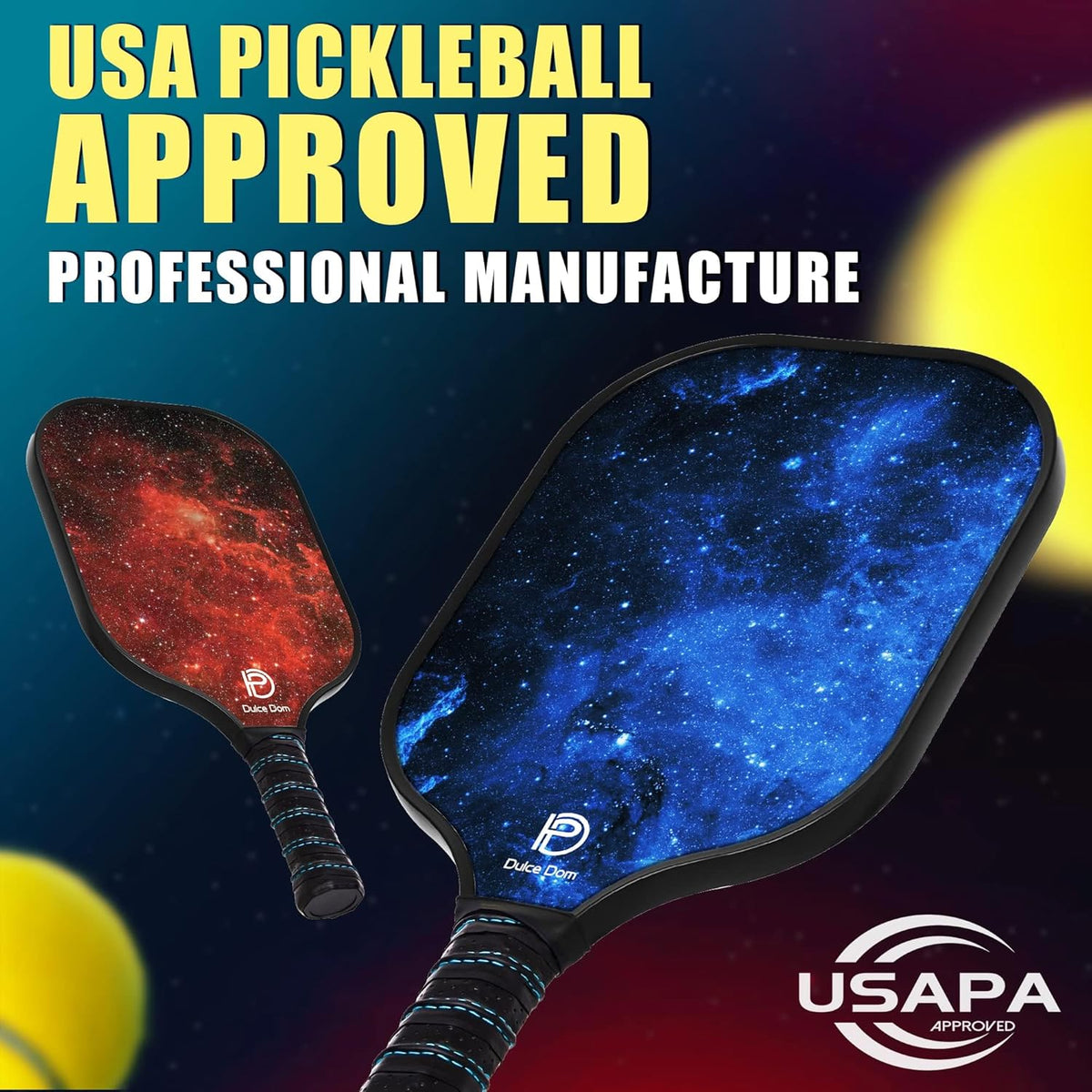 DULCE DOM Pickleball Paddles Set of 2/4 - USAPA Approved, Fiberglass/Carbon Fiber Pickleball Racket with 4 Indoor Outdoor Pickleball Balls and