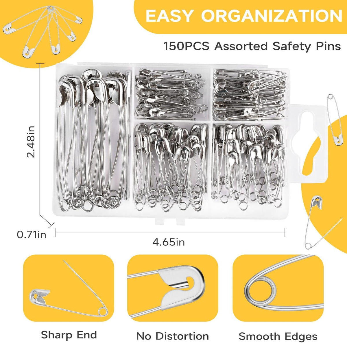 Huhuhero 160Pcs Safety Pins, Large & Small Safety Pins for Clothes Sewing Craft, Nickel Plated Steel Assorted Size Pins Bulk, Art and Craft Supplies