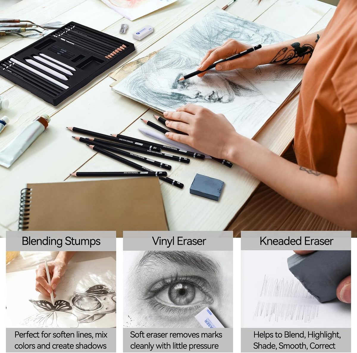 PANDAFLY Drawing Sketching Pencil Set, 22 Piece Pro Art Pencil Kit - Graphite Pencils (12B-2H), Black and White Charcoal Pencils, Charcoal Sticks