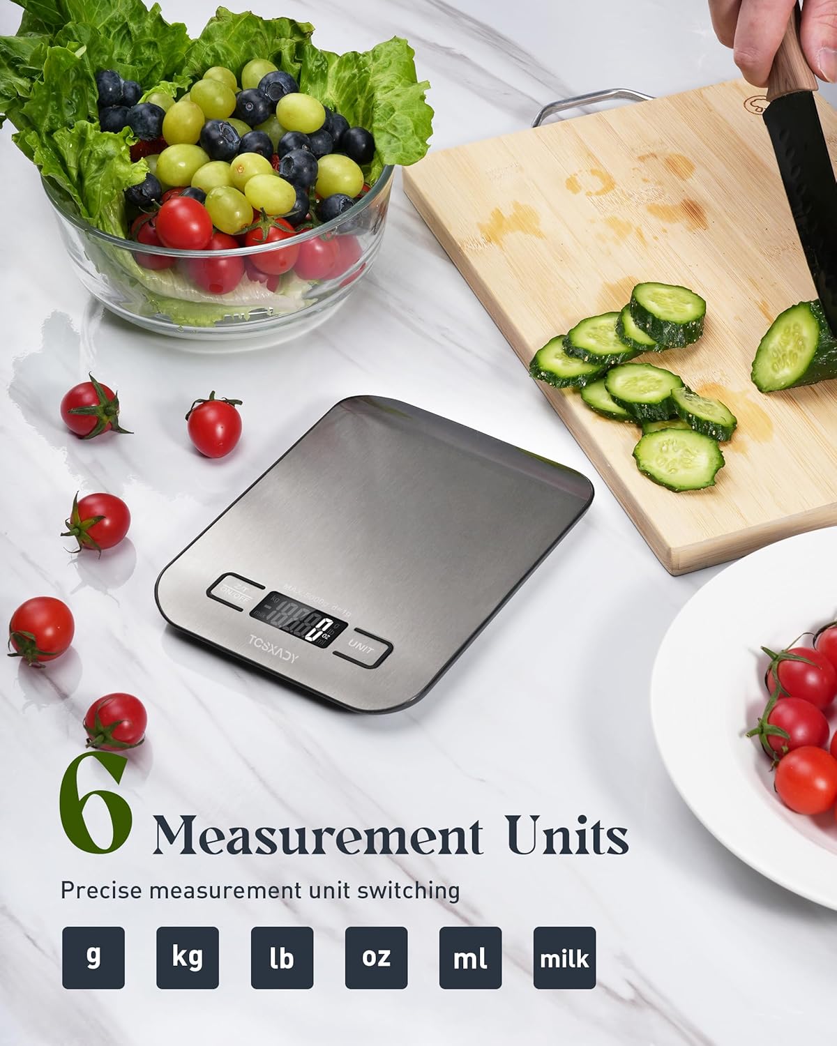 Food Scale, 11lb Digital Kitchen Scale with 6 Units LCD Display and Tare Function,Compact Design for Baking,Healthy Cooking,Meal Prep, 304 Stainless