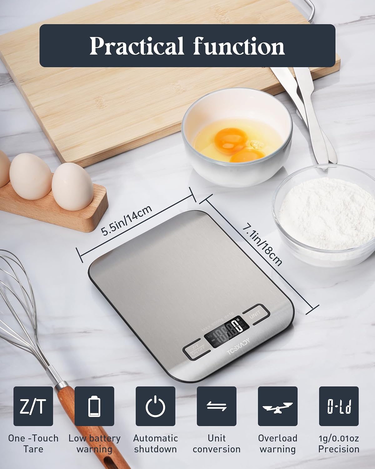 Food Scale, 11lb Digital Kitchen Scale with 6 Units LCD Display and Tare Function,Compact Design for Baking,Healthy Cooking,Meal Prep, 304 Stainless