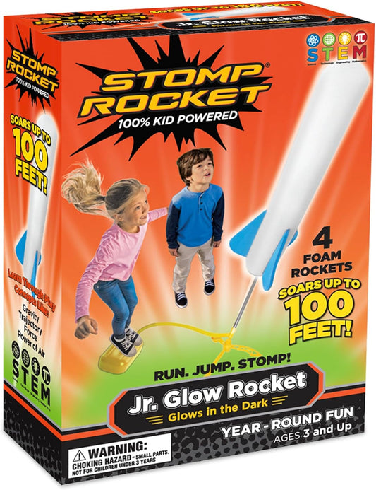 Stomp Rocket Jr Glow Rocket Launcher for Kids - 4 Glow-in-The-Dark Rockets - Outdoor Fun Toy Gift for Boys & Girls - STEM Soft Foam Blaster Set Soars