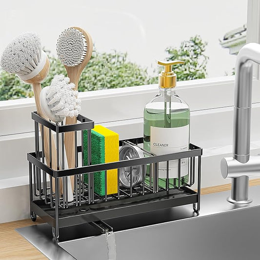 Cisily Black Sponge Holder for Kitchen Sink, Sink Caddy Organizer with High Brush Holder, Kitchen Countertop Organizers and Storage Essentials