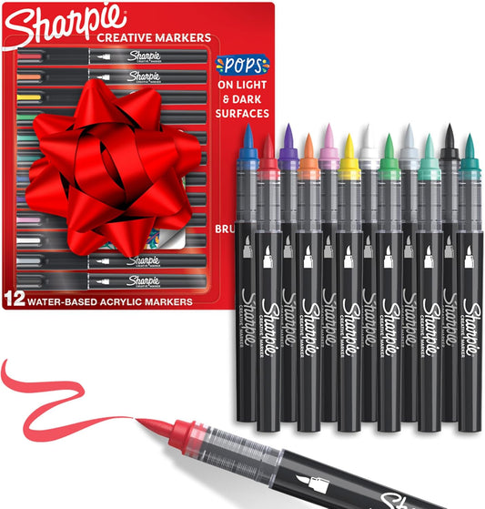 Sharpie Creative Markers, Water-Based Acrylic, Brush Tip, Assorted Colors, 12 Count – Arts & Crafts, Kids Activity, School Classroom; Works on Paper