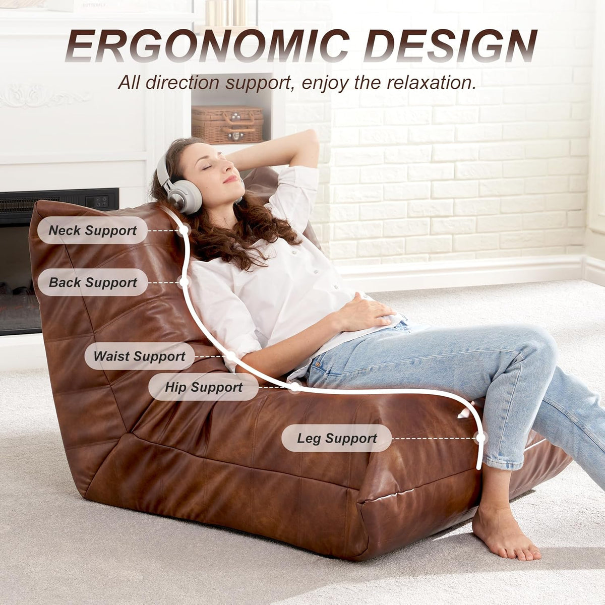 Hobestluk Giant Bean Bag Chair Lazy Floor Sofa, Memory Foam Fireside Sofa for Adults, Big Beanbag Faux Leather Armless Chair for Living Room Bedroom
