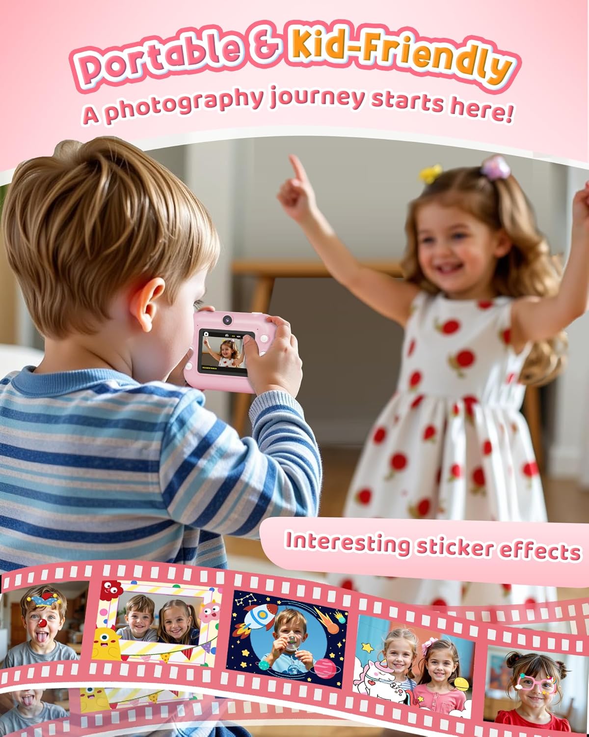 Instant Camera, Front Rear Dual Selfie Kids Camera with 1080P Videos, Holiday Birthday Gifts for Kids Age 3-12, Toddler Portable Travel Print Digital