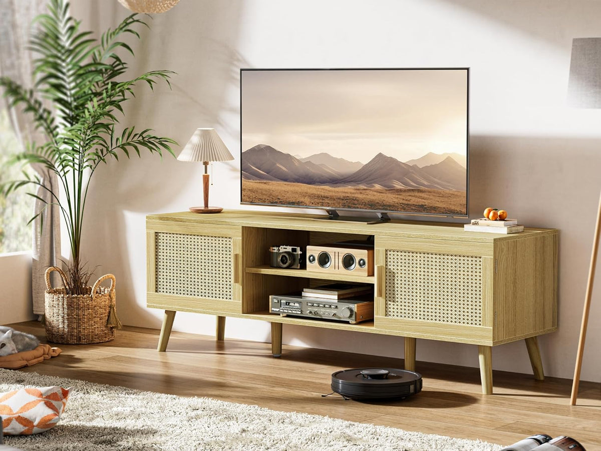 SUPERJARE Boho TV Stand for 65 Inch TV, Entertainment Center with Adjustable Shelf, Rattan TV Console with 2 Cabinets, Media Console, Solid Wood
