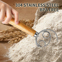 TEEVEA Danish Dough Whisk Stainless Steel Dough Hook Dutch Whisk for Sourdough Bread Dough Mixer Hand Wooden Handle Kitchen Whisking Mixing Tool