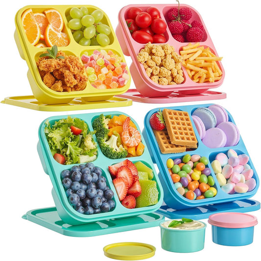 4 Pcs Snack Box Containers Set, Reusable 4 Compartment Lunchable Container with 2Pcs Sauce Containers, Stackable BPA-Free Bento Box for School, Work